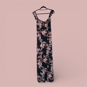 Flynn Skye Bardot Maxi Black Dress With Dramatic Pink And Cream Blooms Medium